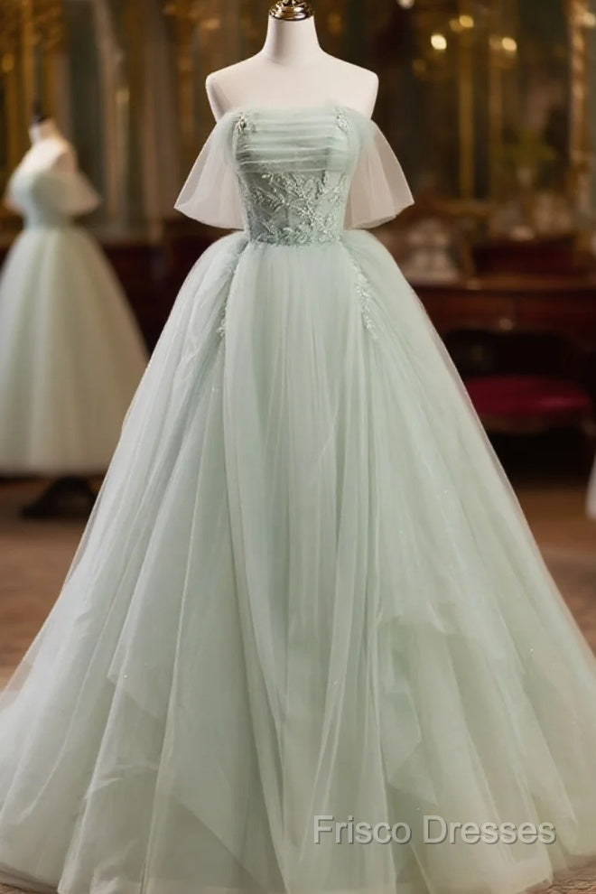 Off The Shoulder Green Tulle Long Formal Prom Dress