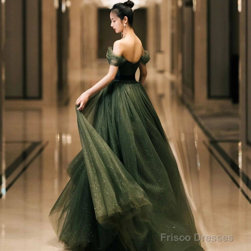 Off The Shoulder Green Tulle Prom Dress A Line Birthday Party Dress Main image