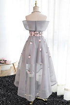 Off-The-Shoulder  High Low Grey Tulle Homecoming Dress With Appliques