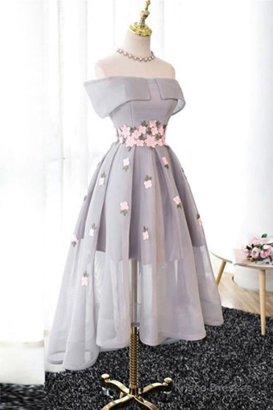 Off-The-Shoulder  High Low Grey Tulle Homecoming Dress With Appliques Main image