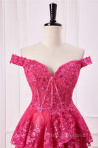 Off The Shoulder Hot Pink Sequin Tiered Formal Prom Dress With Slit