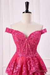 Off The Shoulder Hot Pink Sequin Tiered Prom Dress With Slit