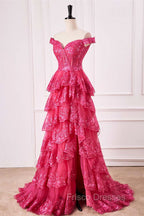 Off The Shoulder Hot Pink Sequin Tiered Formal Prom Dress With Slit