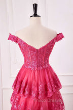 Off The Shoulder Hot Pink Sequin Tiered Formal Prom Dress With Slit
