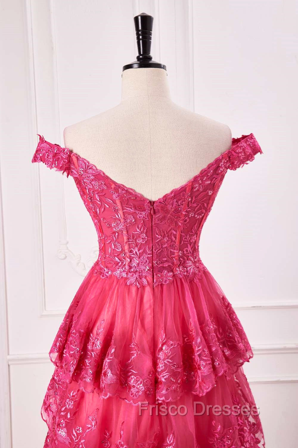 Off The Shoulder Hot Pink Sequin Tiered Formal Prom Dress With Slit