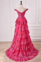 Off The Shoulder Hot Pink Sequin Tiered Formal Prom Dress With Slit