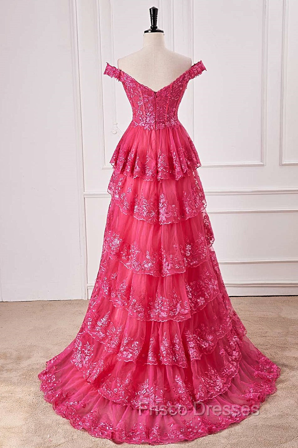 Off The Shoulder Hot Pink Sequin Tiered Formal Prom Dress With Slit