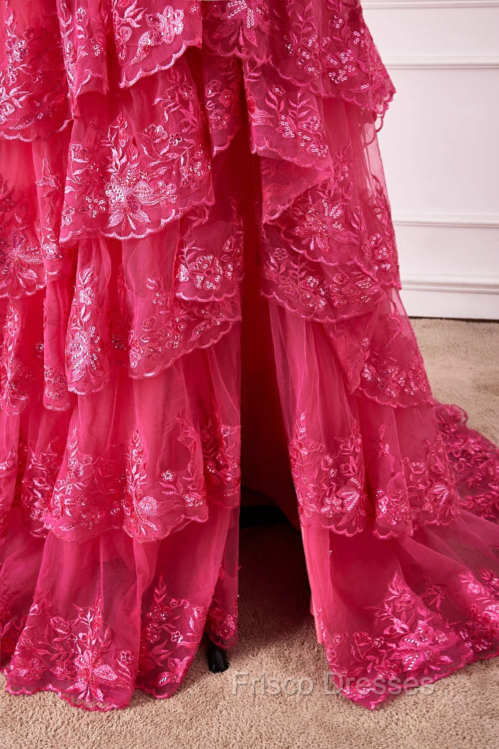 Off The Shoulder Hot Pink Sequin Tiered Formal Prom Dress With Slit
