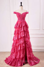 Off The Shoulder Hot Pink Sequin Tiered Formal Prom Dress With Slit