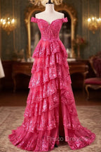 Off The Shoulder Hot Pink Sequin Tiered Formal Prom Dress With Slit