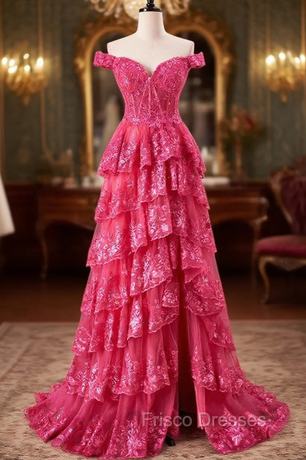 Off The Shoulder Hot Pink Sequin Tiered Formal Prom Dress With Slit