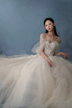 Off The Shoulder Lace Long Champagne Prom Dress, Lace Evening Formal Gown