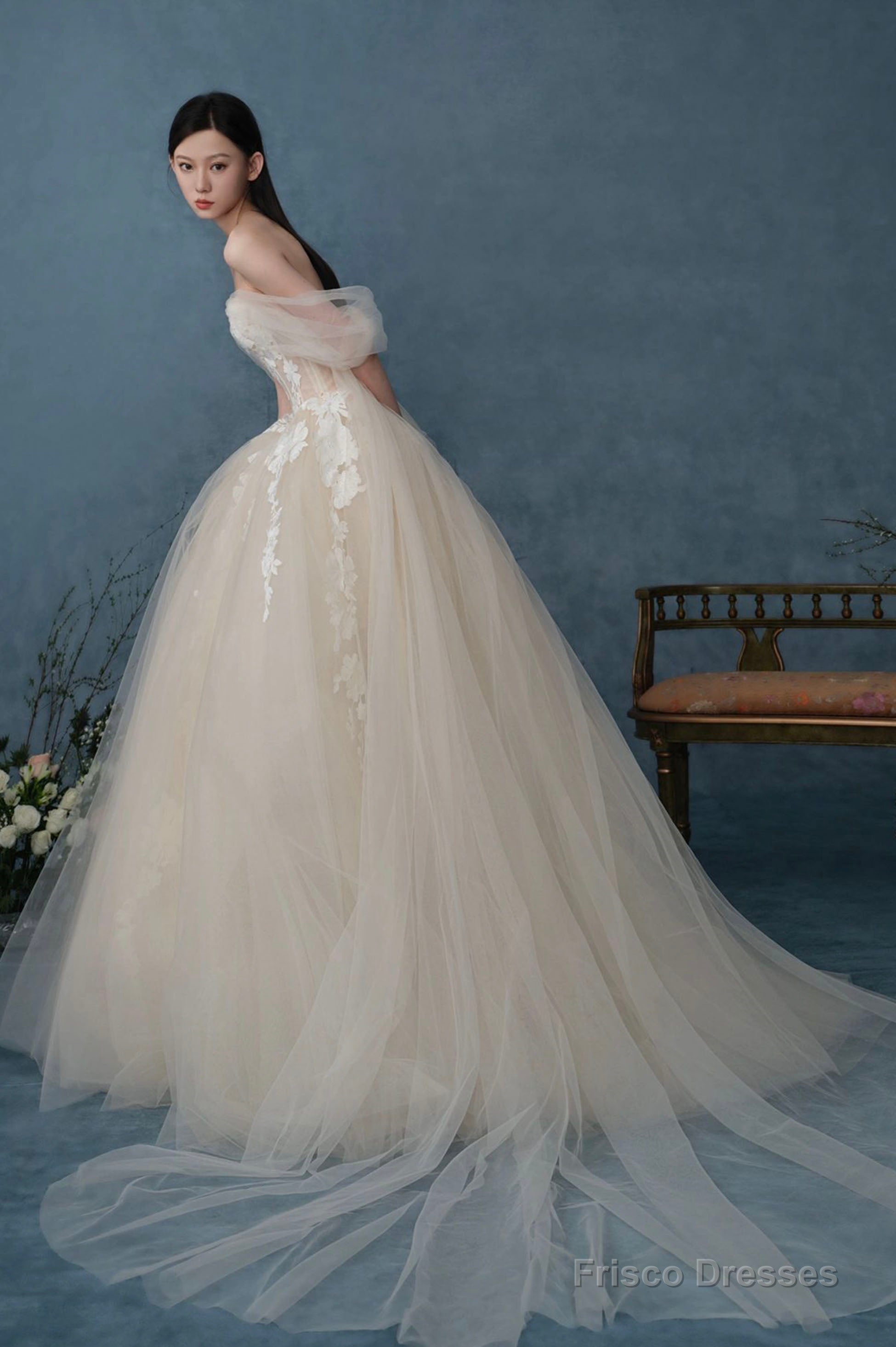 Off The Shoulder Lace Long Champagne Prom Dress, Lace Evening Formal Gown