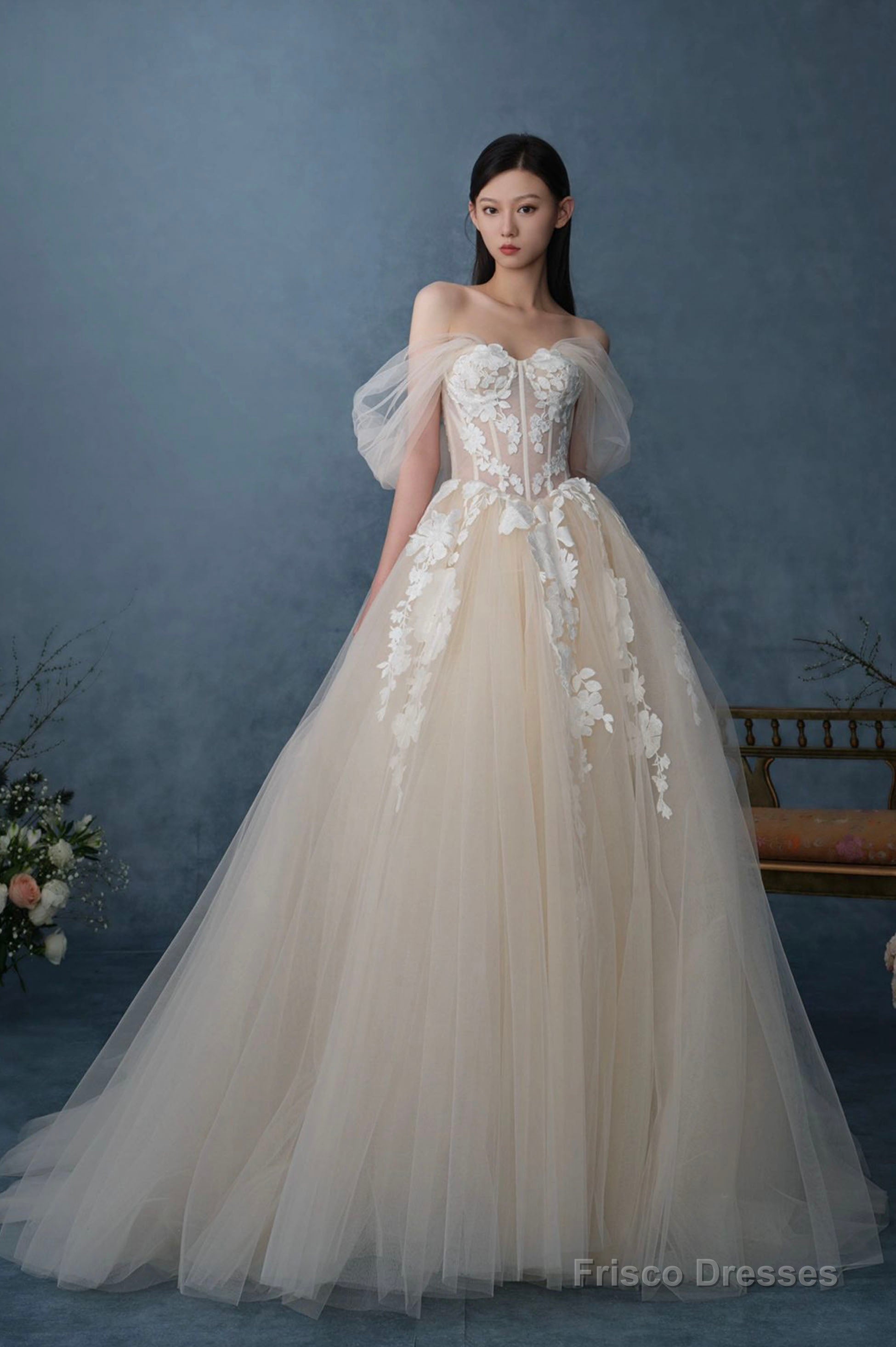 Off The Shoulder Lace Long Champagne Prom Dress, Lace Evening Formal Gown Main image