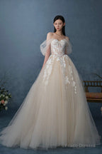 Off The Shoulder Lace Long Champagne Prom Dress, Lace Evening Formal Gown