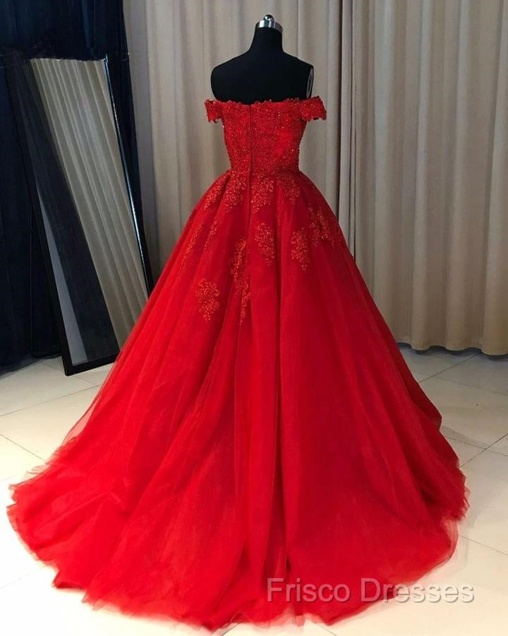 Off The Shoulder Lace Red Formal Prom Dress A Line Sequin Formal Gowns