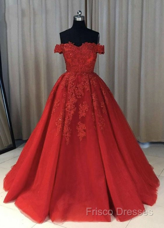 Off The Shoulder Lace Red Formal Prom Dress A Line Sequin Formal Gowns