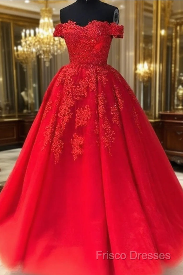 Off The Shoulder Lace Red Formal Prom Dress A Line Sequin Formal Gowns Main image