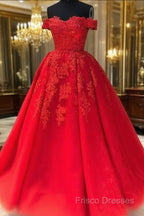 Off The Shoulder Lace Red Formal Prom Dress A Line Sequin Formal Gowns