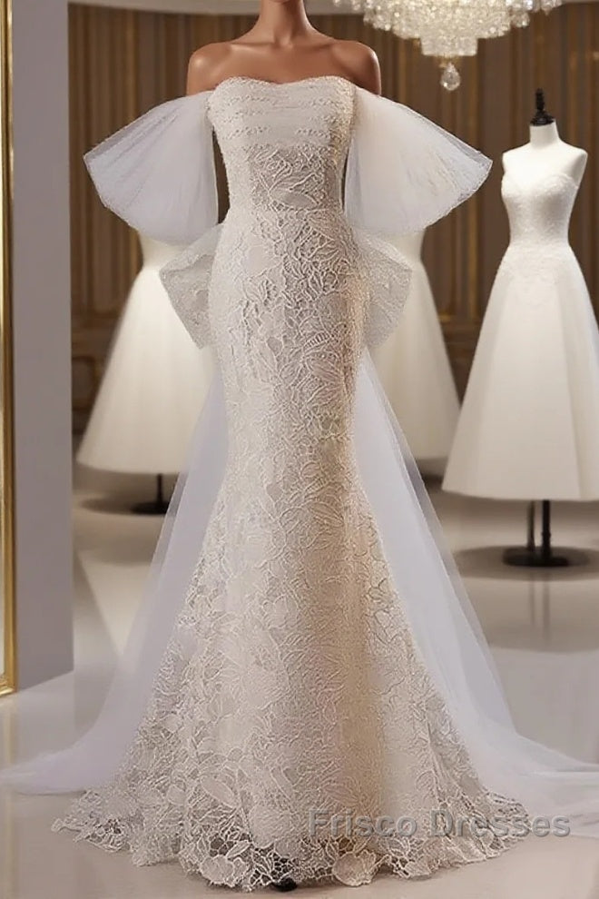 Off The Shoulder Lace Trumpet Mermaid Wedding Dress With Bow