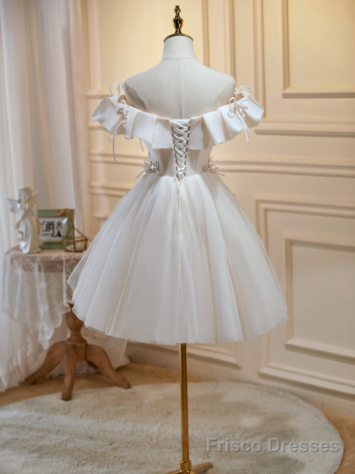 Off the Shoulder Light Champagne Floral Prom Dresses, Short Champagne Formal Homecoming Dresses Secondary image