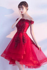 Off The Shoulder Luxury Appliques High Low Red Homcoming Dress