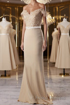 Off the Shoulder Mermaid Champagne Lace Long Formal Prom Dresses, Off Shoulder Mermaid Champagne Formal Graduation Evening Dresses, Mermaid Champagne Lace Bridesmaid Dresses