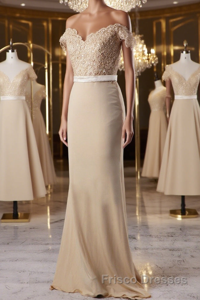 Off the Shoulder Mermaid Champagne Lace Long Formal Prom Dresses, Off Shoulder Mermaid Champagne Formal Graduation Evening Dresses, Mermaid Champagne Lace Bridesmaid Dresses