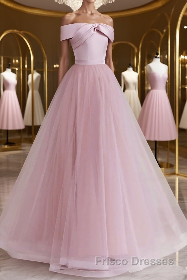 Off the Shoulder Pink Formal Prom Dresses, Pink Tulle Formal Evening Dresses Main image