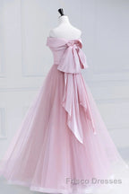 Off the Shoulder Pink Formal Prom Dresses, Pink Tulle Formal Evening Dresses