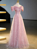 Off The Shoulder Pink Sequin Sparkle Formal Prom Dress