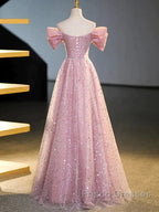 Off The Shoulder Pink Sequin Sparkle Formal Prom Dress