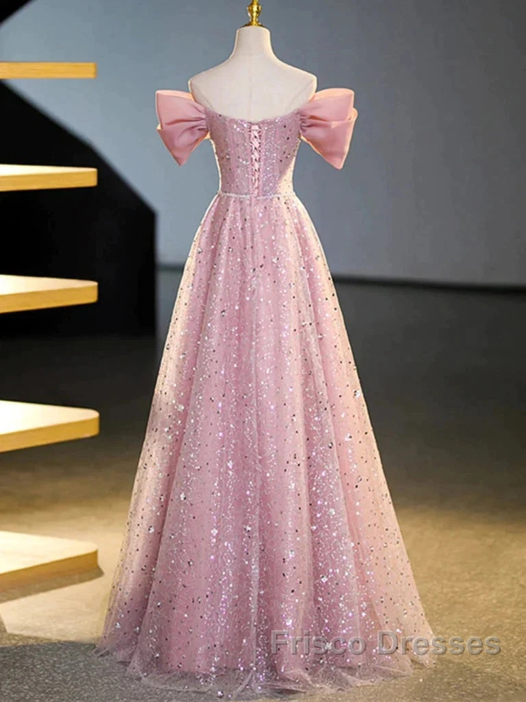 Off The Shoulder Pink Sequin Sparkle Formal Prom Dress