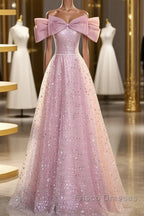 Off The Shoulder Pink Sequin Sparkle Formal Prom Dress