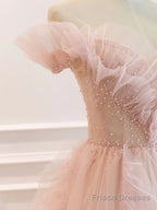 Off the Shoulder Pink Tulle Beaded Long Prom Dresses, Pink Tulle Long Formal Dress