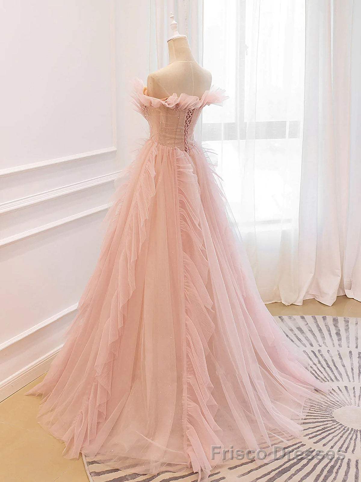 Off the Shoulder Pink Tulle Beaded Long Prom Dresses, Pink Tulle Long Formal Dress