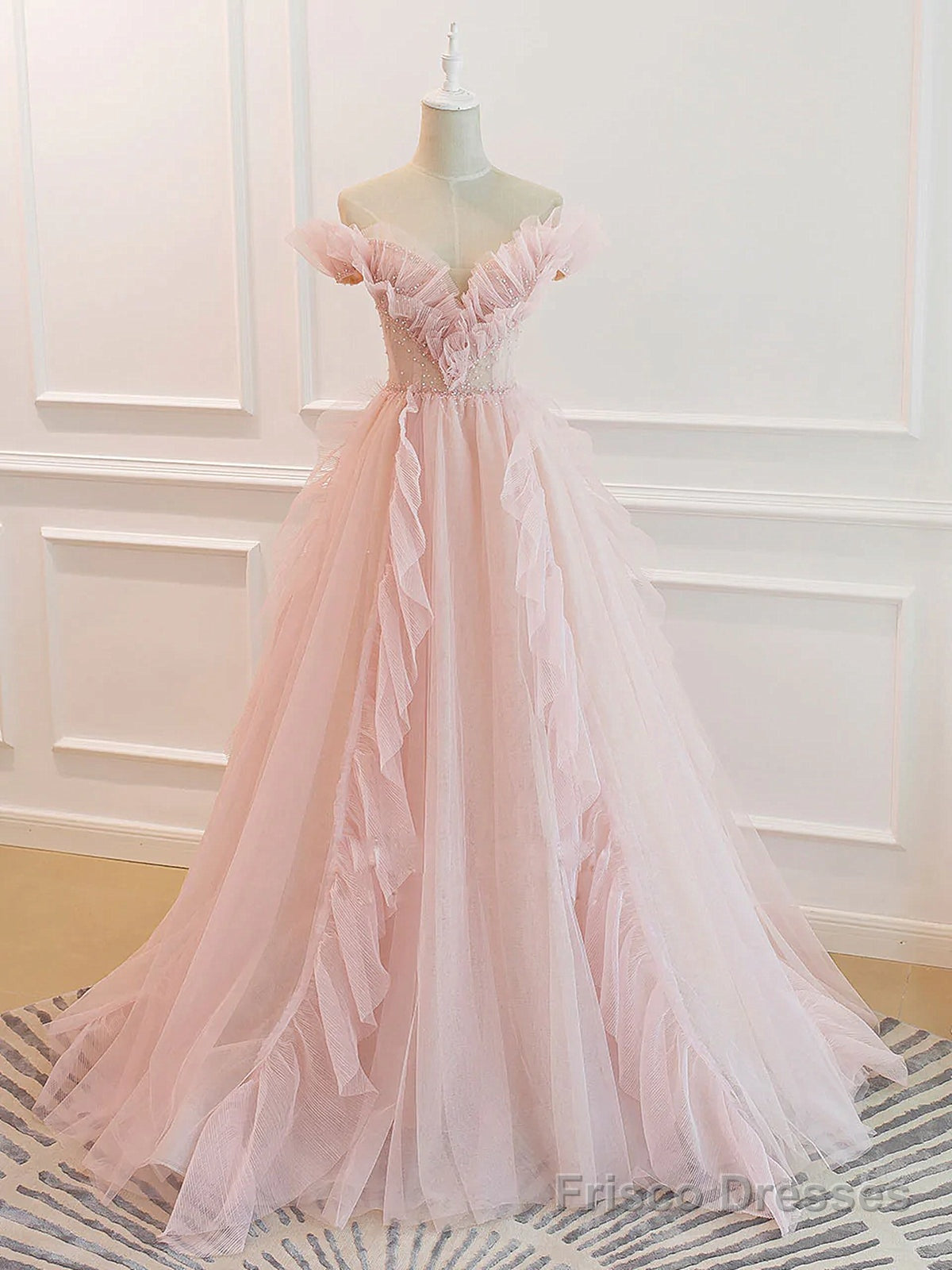 Off the Shoulder Pink Tulle Beaded Long Prom Dresses, Pink Tulle Long Formal Dress Secondary image