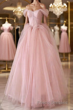 Off the Shoulder Pink Tulle Formal Prom Dresses, Pink Tulle Long Formal Graduation Dresses