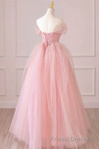 Off the Shoulder Pink Tulle Formal Prom Dresses, Pink Tulle Long Formal Graduation Dresses