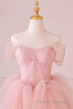 Off the Shoulder Pink Tulle Formal Prom Dresses, Pink Tulle Long Formal Graduation Dresses