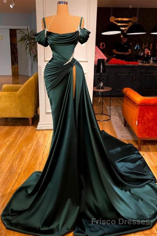 Off-the-Shoulder Prom Dress with Long Slit in Green Main image