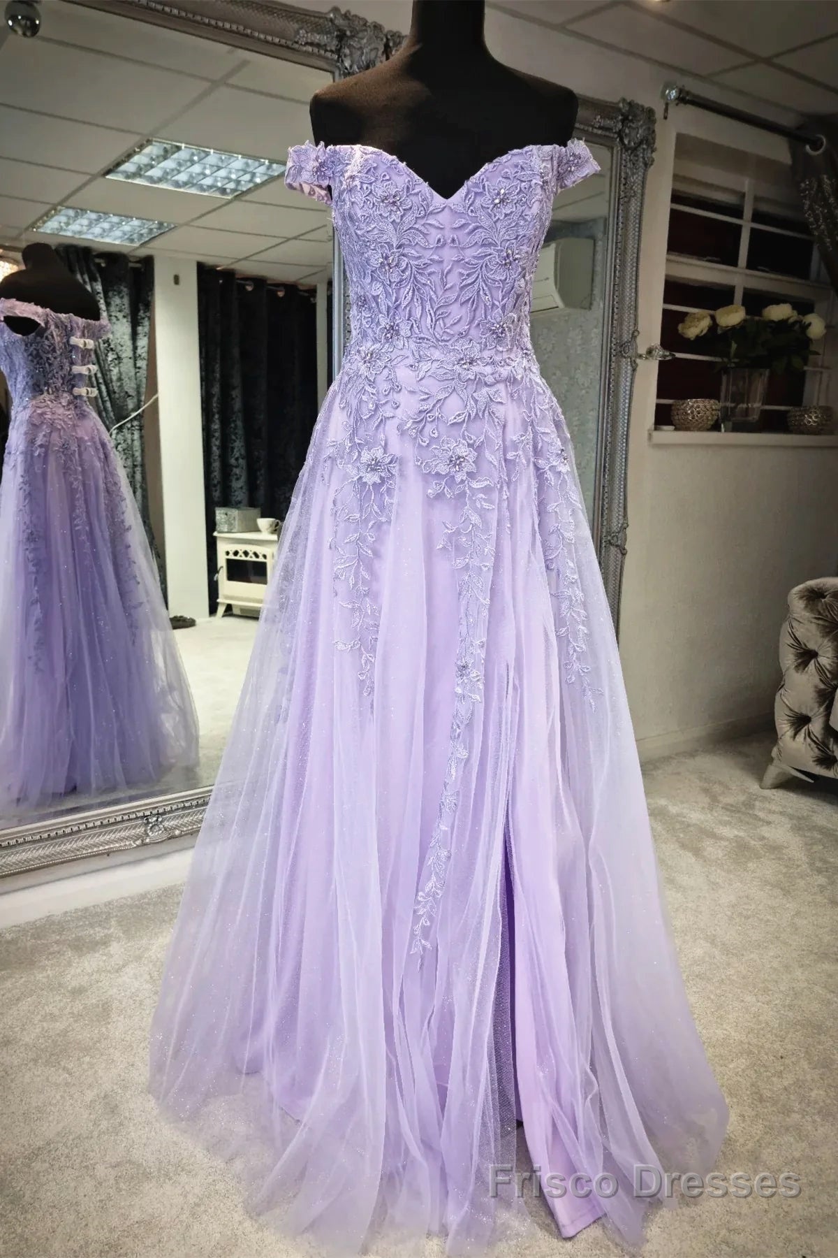 Off the Shoulder Purple Lace Prom Dresses, Purple Long Lace Formal Evening Dresses Main image