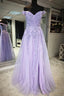 Off the Shoulder Purple Lace Prom Dresses, Purple Long Lace Formal Evening Dresses