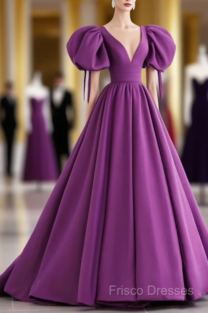 Off The Shoulder Purple Satin Long Formal Prom Dress, Purple Off Shoulder Long Formal Dress Main image