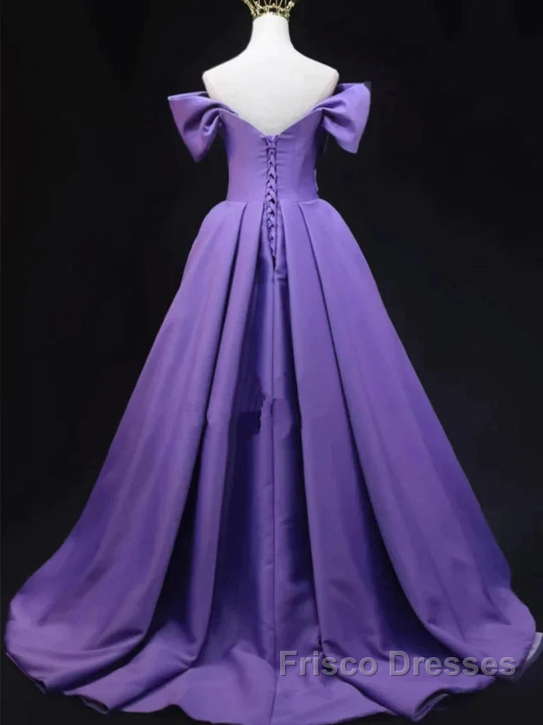 Off The Shoulder Purple Satin Ruched Formal Prom Dress