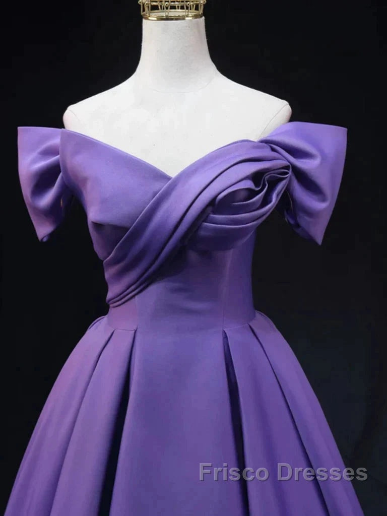 Off The Shoulder Purple Satin Ruched Formal Prom Dress