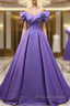 Off The Shoulder Purple Satin Ruched Formal Prom Dress