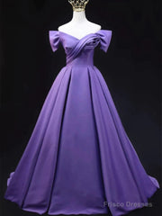 Off The Shoulder Purple Satin Ruched Prom Dress