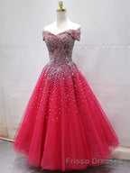 Off the Shoulder Red Long Formal Prom Gown, Off the Shoulder Red Beaded Formal Evening Dresses