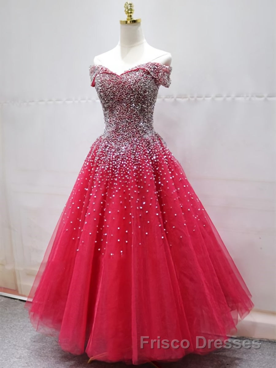 Off the Shoulder Red Long Formal Prom Gown, Off the Shoulder Red Beaded Formal Evening Dresses